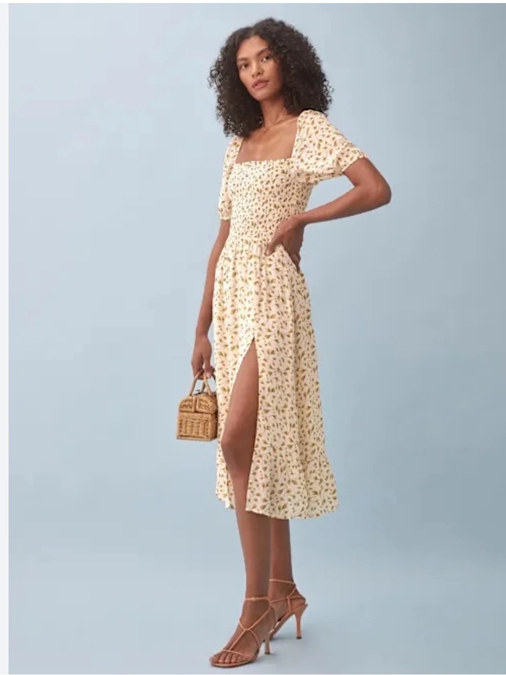 Reformation Meadow Dress cream yellow floral print smocked top puff sleeves XS